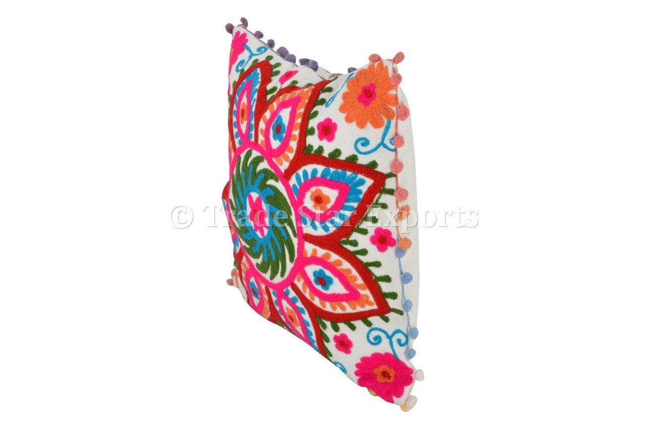 Trade Star 100% Cotton 16x16 Inches Modern Sofa Throw Pillow Cover Beautiful Embroidered Pom Pom Cushion Cover Spring Pillow Cover Fall Decor Cushion Case Decorative Handmade Euro Shams - Image 3