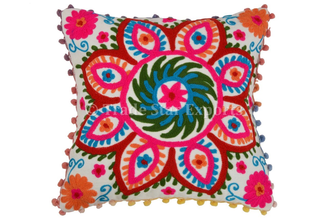 Trade Star 100% Cotton 16x16 Inches Modern Sofa Throw Pillow Cover Beautiful Embroidered Pom Pom Cushion Cover Spring Pillow Cover Fall Decor Cushion Case Decorative Handmade Euro Shams - Image 6