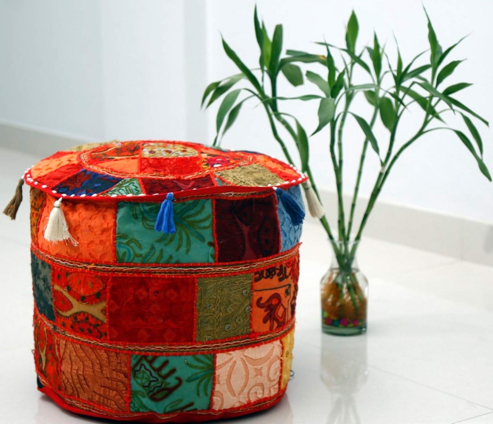 Trade Star Ethnic Decorative Indian Pouffe Cover Round Boho Foot Stool Cover Bohemian Floor Ottoman Cushion Case Comfortable Floor Cotton Cushion Cover for Home Decor (Pattern 1, 18 x 18 x 14 Inches) - Image 4